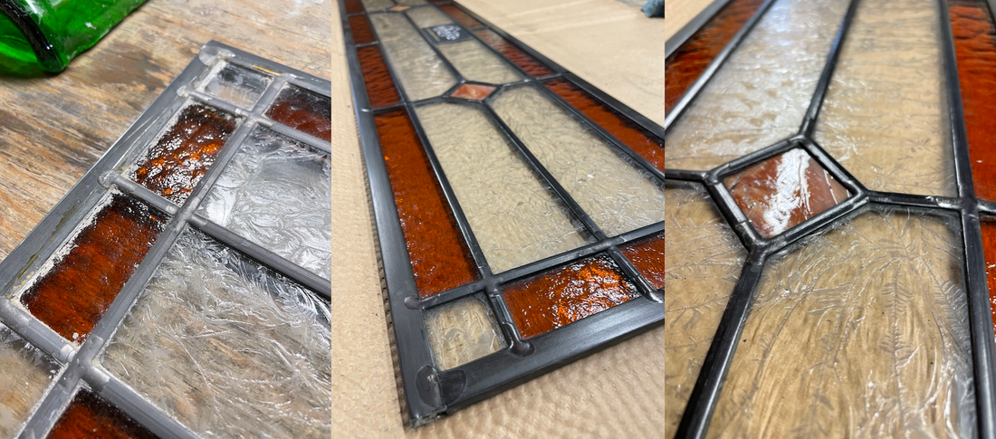 Amber stained glass door panel restoration before and after