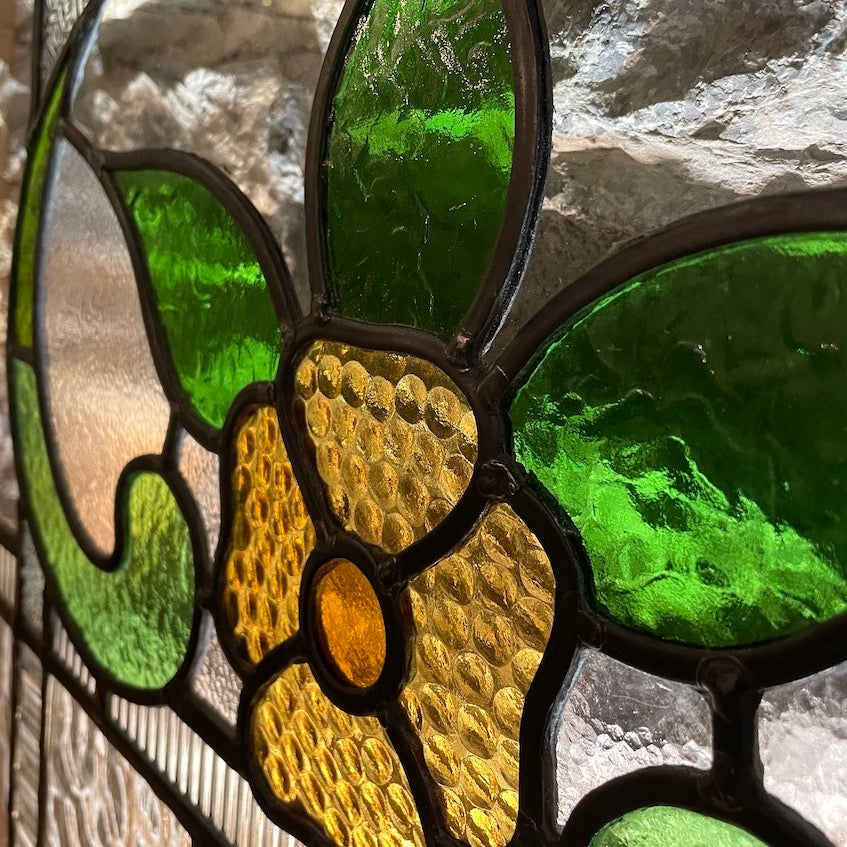 Antique Stained Glass Panel - Manchester, England 1921. Green & Amber.